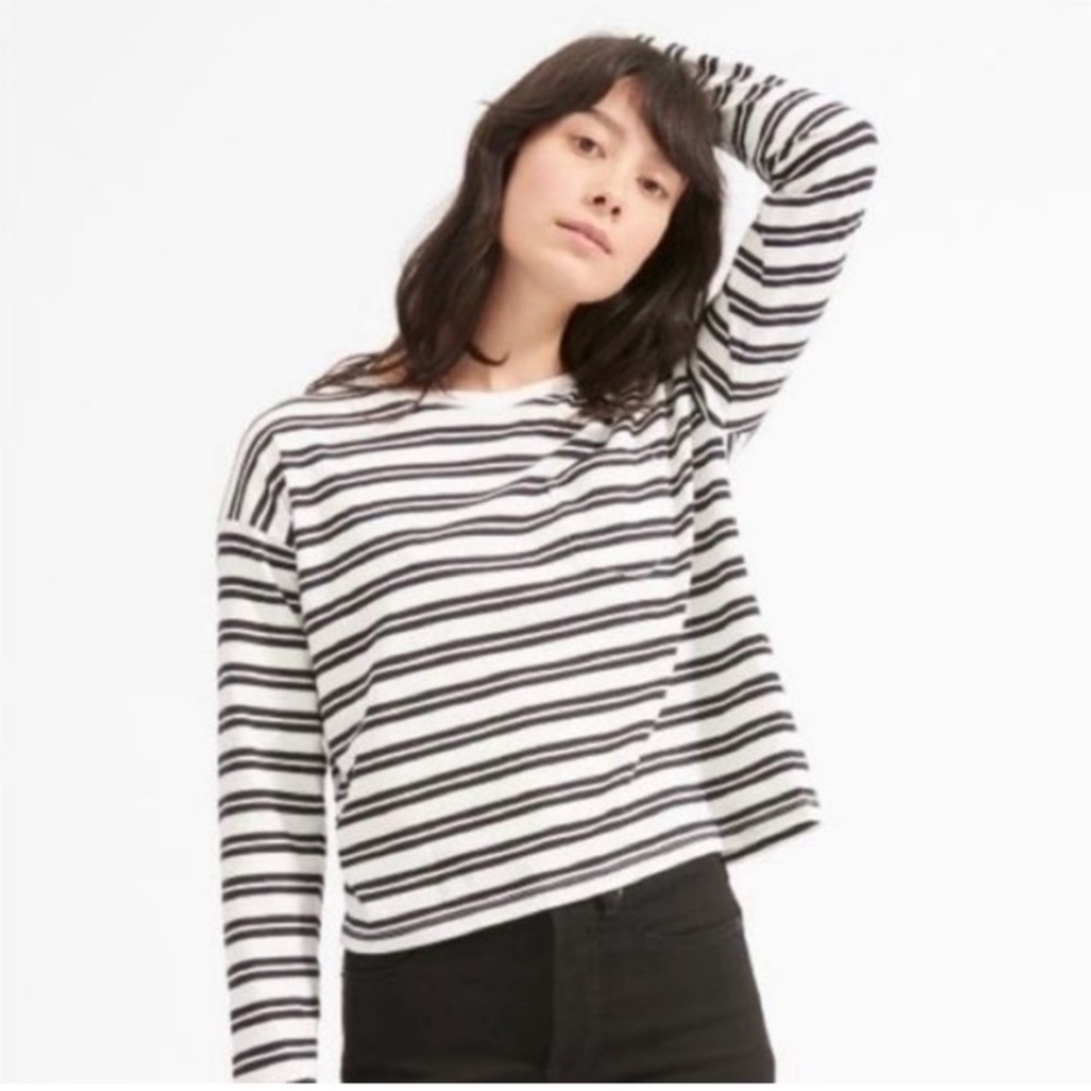 Everlane Black & white striped cropped long-sleeve pocket tee, Size: S